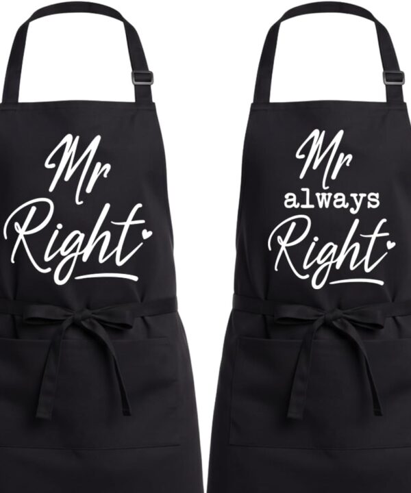 2Pcs Funny Gay Couple Aprons for Men,Husband,Friends,House Warming,Newly Wed Gift for Cooking,Baking, Kitchen Couple Gifts for Engagement,Wedding,Christmas,Birthday,Mr Right & Mr Always Right-25