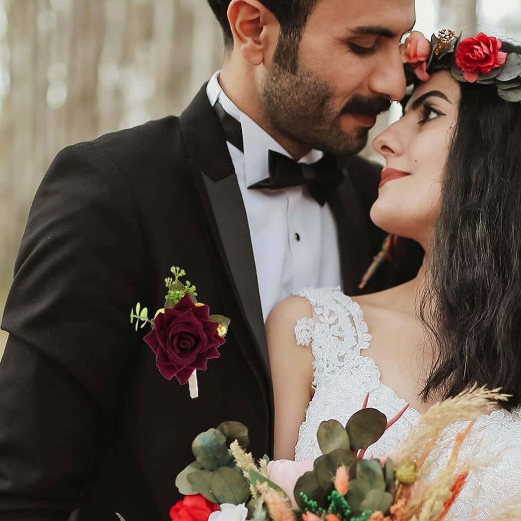 Campsis Wedding Flower Boutonniere Groom Rose Buttonholes Prom Suit Decoration for Men(Red Wine)