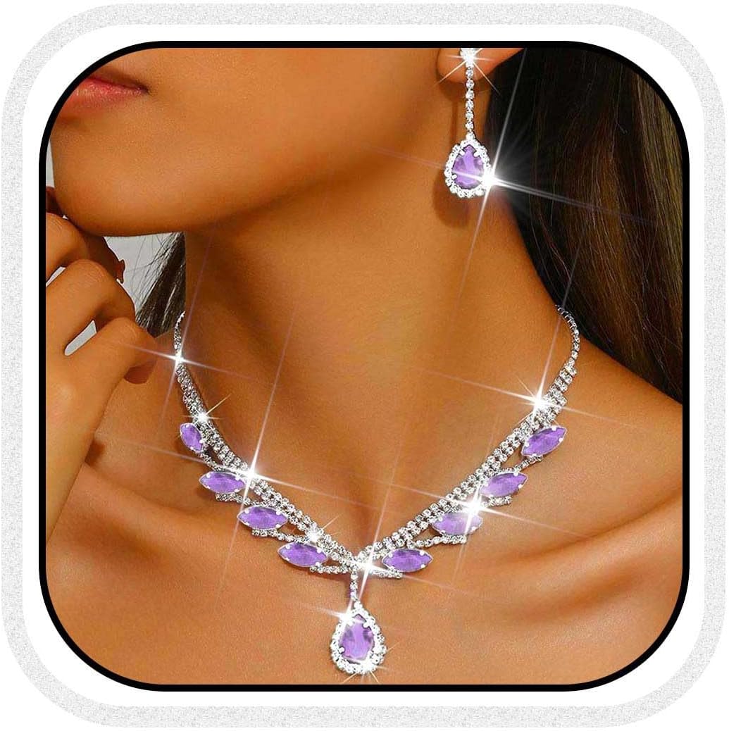 Unicra Rhinestone Bridal Wedding Jewelry Set Silver Necklace Earrings Sets Formal Prom Costume Jewelry Sets for Women and Brides