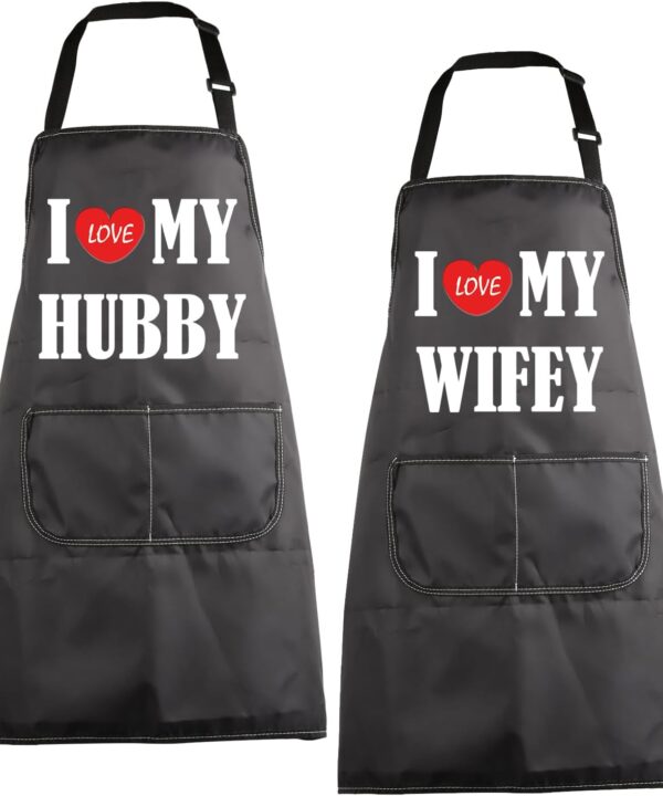 MBMSO Hubby Wifey Apron Sets His And Hers Aprons for Couples Wedding Gift for Newlyweds I Love My Wifey Hubby Cooking Aprons