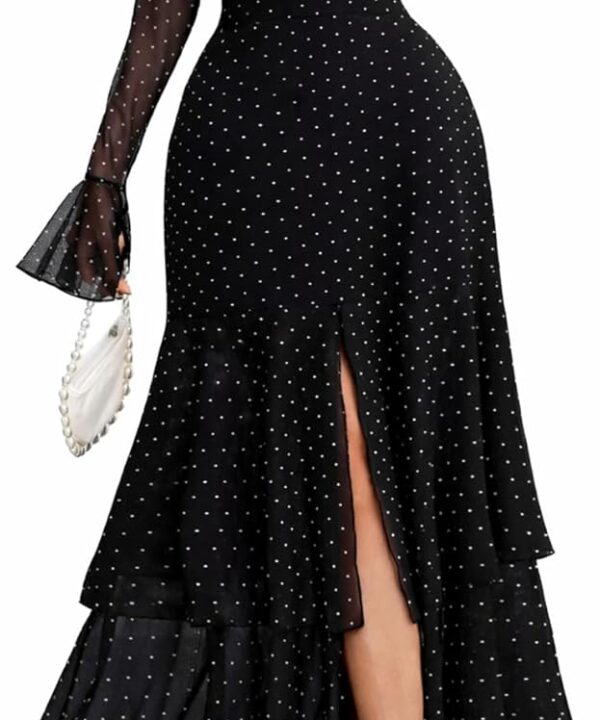 GothDark Womens Elegant Polka Dot Mesh Long Sleeve Dress Bell Sleeve Layered Ruffle Split Formal Wedding Guest Dresses