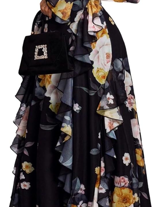 GothDark Women's Floral Dress Mesh Sheer Long Sleeve Square Neck Ruffle Layered Elegant Date Night Holiday Party Outfit