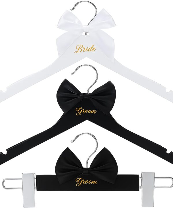 3 Pcs Bride and Groom Hangers for Dress Suit with Clips Wedding Wooden Hanger with Bow Tie for Mr and Mrs Shirt Tuxedo Suit Bridal Wedding Gift Bridesmaid Party Shower (Black,White)