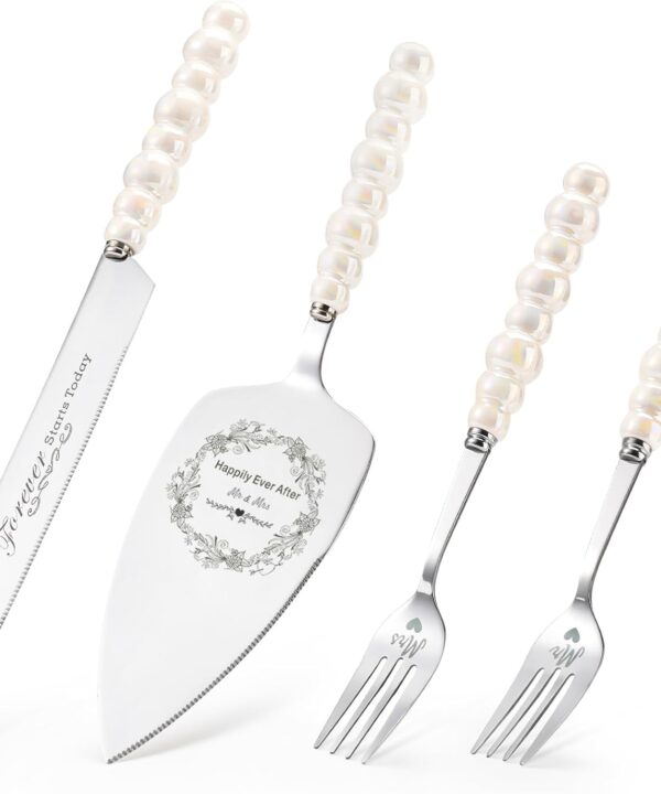 Wedding Cake Knife and Server Set, Ceramic Pearl Handle Cake Cutting Set for Weddings, Engagements, Anniversaries, and Engagement Gifts for Couples