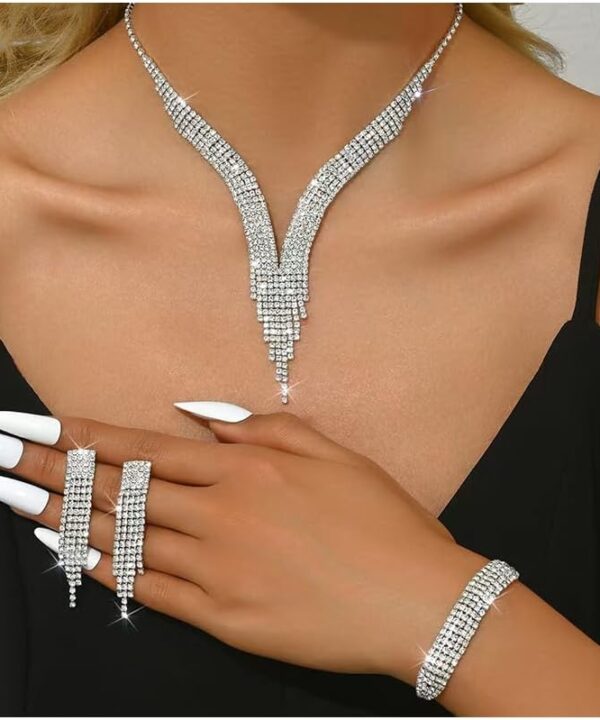 Silver Jewelry Set for Women Sparkly Silver Prom Jewelry Set Shinny Rhinestone Choker Necklace Elegant Crystal Bracelet Bridal Earrings Wedding Prom Outfit Accessories for Her