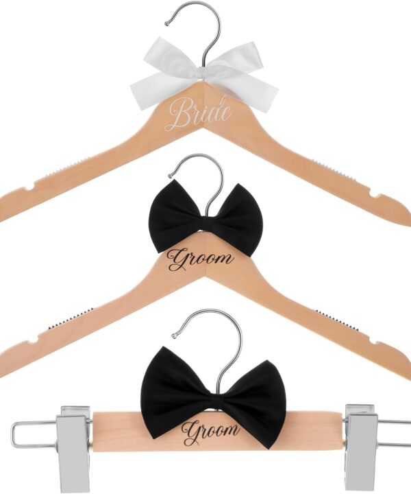 3 Pcs Bride and Groom Hangers for Dress Suit with Clips Wedding Wooden Hanger with Bow Tie for Mr and Mrs Shirt Tuxedo Suit Bridal Wedding Gift Bridesmaid Party Shower(Wood Color)
