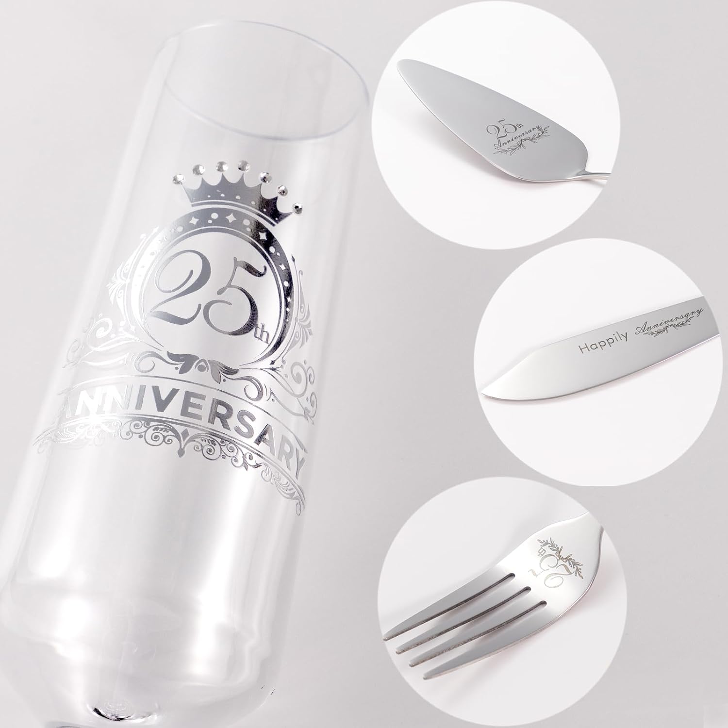 25th Anniversary Champagen Flutes Wedding Gifts for Couple, 25th Birthday Anniversary Decorations, Silver Cake Cutting Set for Wedding 25th Anniversary Presents