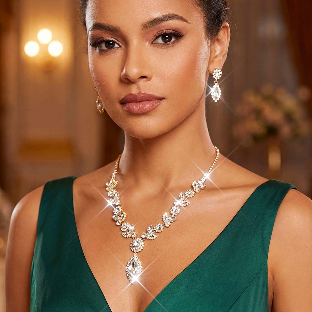 Unicra Silver Crystal Bridal Wedding Jewelry Set Rhinestone Necklace Earrings Bracelet Sets Formal Costume Jewelry for Women and Brides