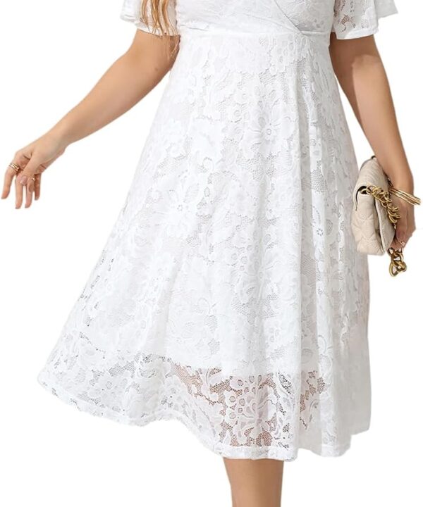 SCOMCHIC Women Plus Size Lace Cocktail Dresses Faux Wrap V Neck Short Sleeve Flowy A Line Wedding Guest Midi Dress