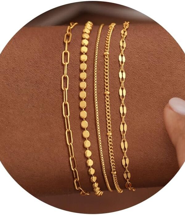 MBW Gold Bracelets for Women Trendy, Dainty 14K Gold Plated Bracelet Stack Beaded Chain Bracelet Set Thin Small Cute Paperclip Bracelets Fashion Waterproof Jewelry Gift Gold Accessories for Women