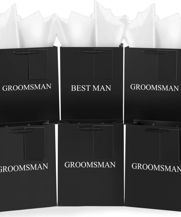 Resholder 6 Pack Groomsmen Gift Bags with Tissue Paper DIY Best Man Proposal Favor Bag with Tag Bachelor Wedding Gifts for Groomsman Best Man Bachelor Party (Medium,Black White 1)