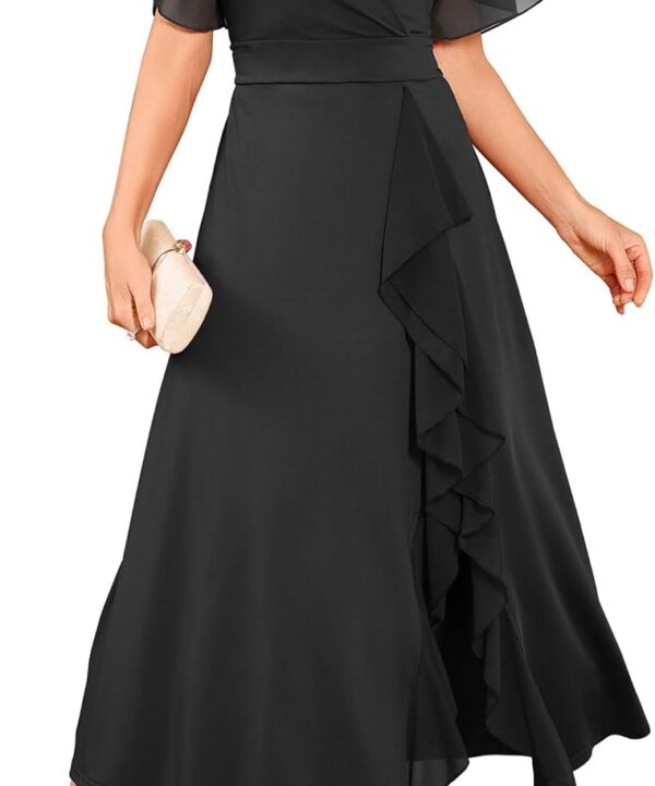 ZAFUL Womens Semi Formal Wedding Guest Dresses Mother of Bride Dresses Split Ruffle V Neck Flared Sleeve Evening Dress 2026