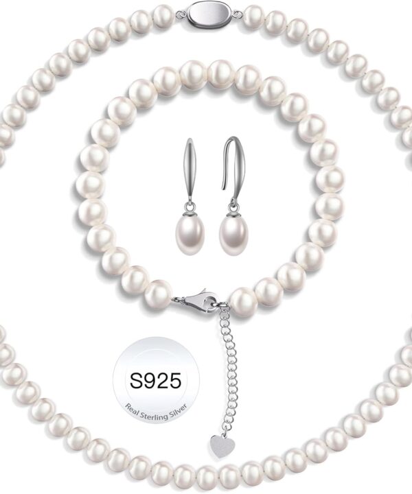Freshwater Pearl Necklaces Set for Women Includes White Silver Pearl Bracelet and Pearl Diamond Stud Earrings Jewelry Set for Women Men Mother Wife Girlfriend Birthday Wedding Christmas Gifts