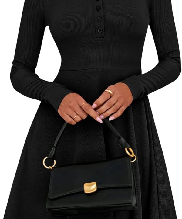 BTFBM Casual Fall Dresses for Women 2025 Long Sleeve Ribbed Button Down Empire Waist A Line Winter Wedding Guest Dress