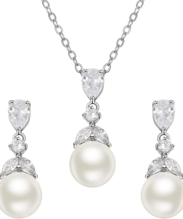 SWEETV Pearl Wedding Jewelry Set For Brides, Cubic Zirconia Wedding Necklace and Earrings Set, Elegant Bridal Jewelry Set for Women Bridesmaids Prom