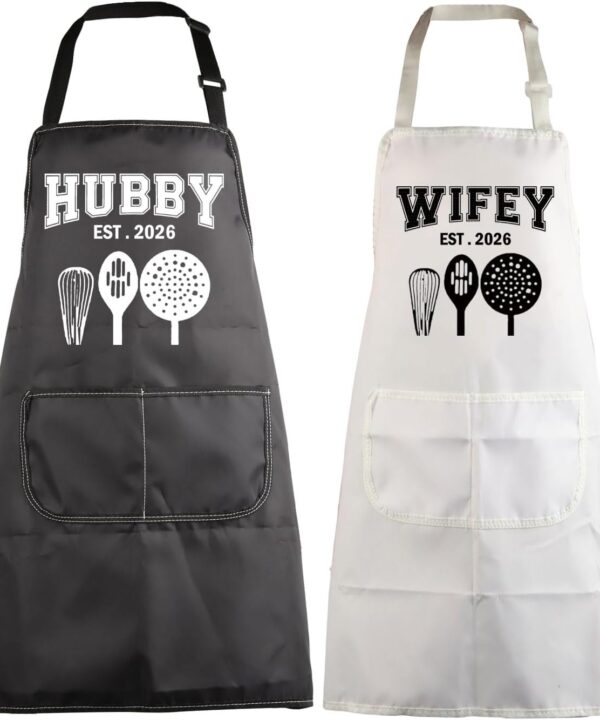 MBMSO Hubby Wifey Cooking Aprons for Couples Apron Sets Hubby and Wifey Est.2026 Wedding Gift for Newlywed His and Hers Apron