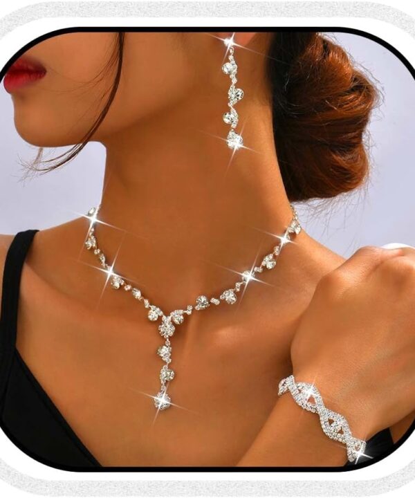 CLOACE Rhinestone Necklace Set Silver Sparkly Earrings Bracelet Bridal Prom Wedding Jewelry Sets for Women and Bride