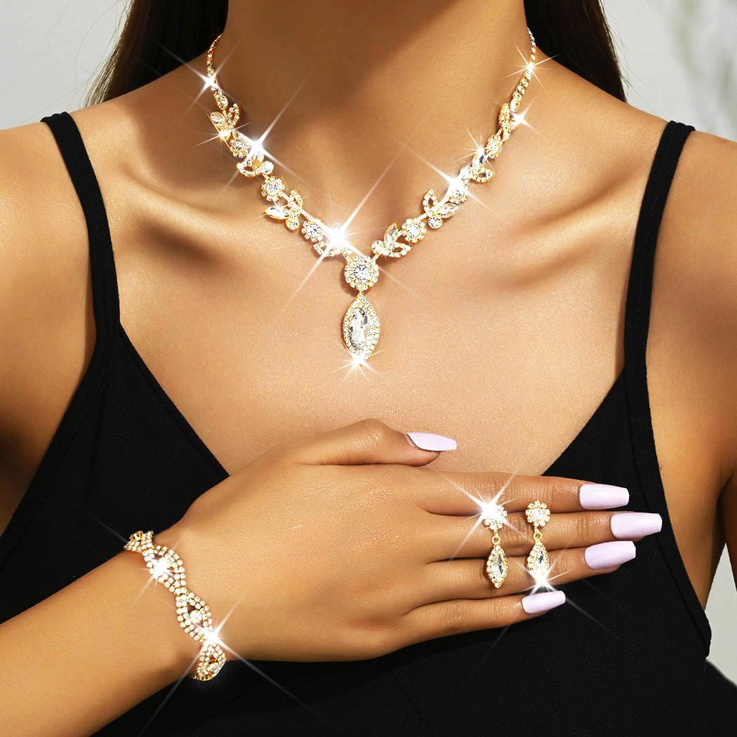 Unicra Silver Crystal Bridal Wedding Jewelry Set Rhinestone Necklace Earrings Bracelet Sets Formal Costume Jewelry for Women and Brides