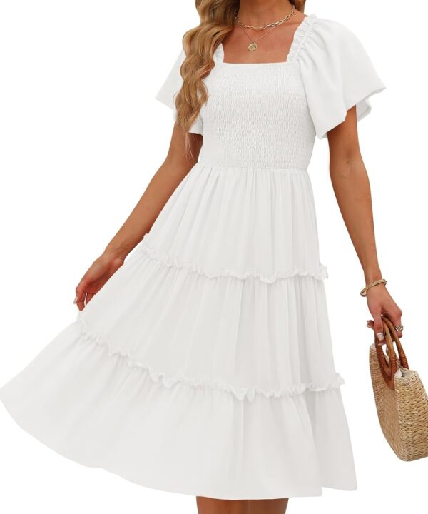 LILLUSORY Women's Summer Casual Flutter Sleeve Square Neck Smocked Midi Dress