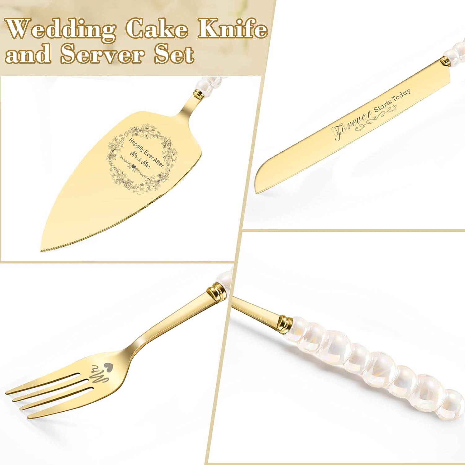 Wedding Cake Knife and Server Set, Gold Ceramic Pearl Handle Cake Cutting Set for Weddings, Engagements, Anniversaries, and Engagement Gifts for Couples