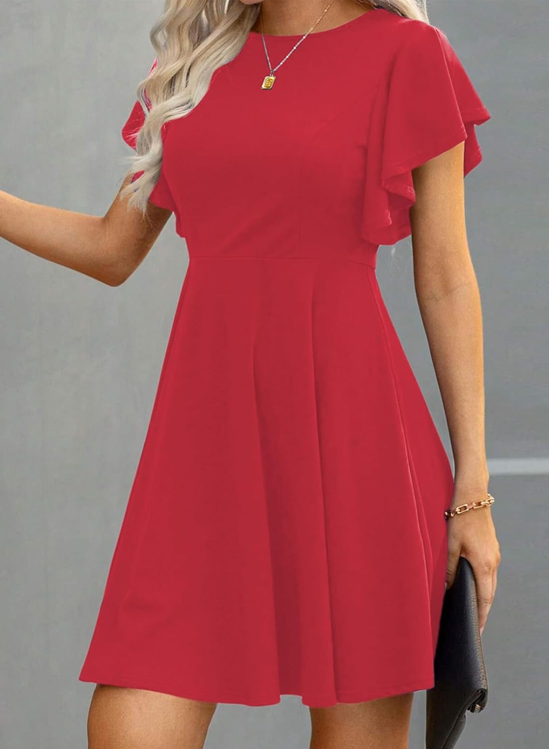 Happy Sailed Cocktail Dresses for Women Spring Summer Ruffle Sleeve Crewneck High Waist Flowy A Line Mini Dress