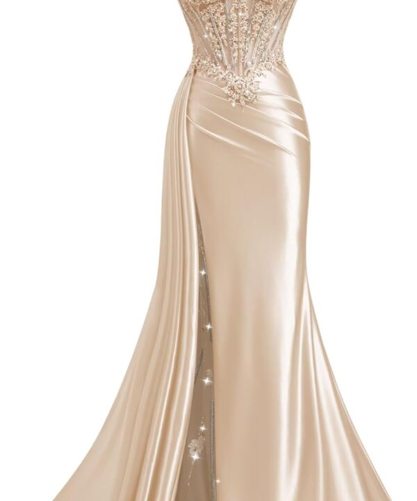 Rjer V Neck Mermaid Satin Prom Dresses 2025 Lace Appliques Corset Formal Evening Gowns with Train