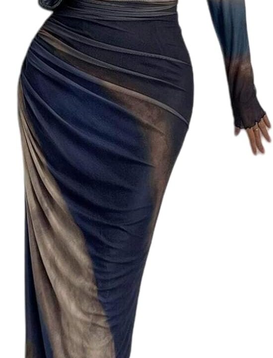 LIGHT DOT Women's Printed Bodycon Maxi Dress Long Sleeve Tie Dye Mesh Ruched Cocktail Dress