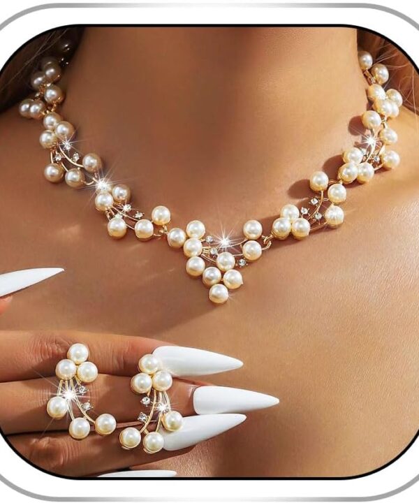 Gangel Pearl Necklace and Earring Set Faux Pearl Necklaces Choker Bridal Jewelry Sets for Wedding Gold