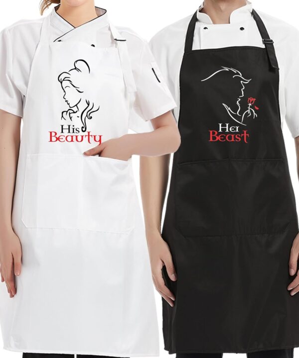 AGMDESIGN His Beauty, Her Beast 2-Pack Apron Set, Bridal Shower Gifts, Wedding Anniversary Birthday Gifts for Couples Parents, Couples Aprons for Bride and Groom