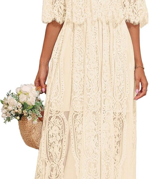 Holipick Women's Off Shoulder Lace Maxi Dress Boho Wedding Guest Bridesmaid Beach Formal Long Dress