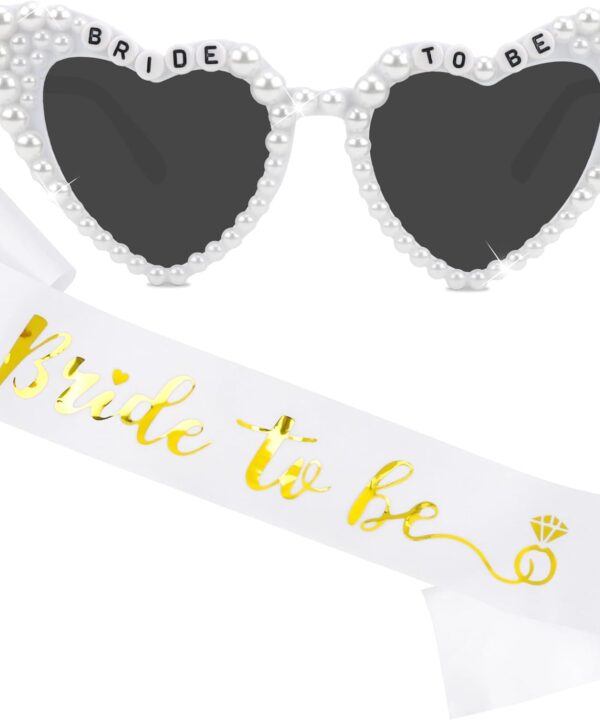 Bride Sunglasses and Sash Bride to Be Gift Pearl White Heart Sunglasses Bridal Glasses Bachelorette Party Bridal Shower Favors
