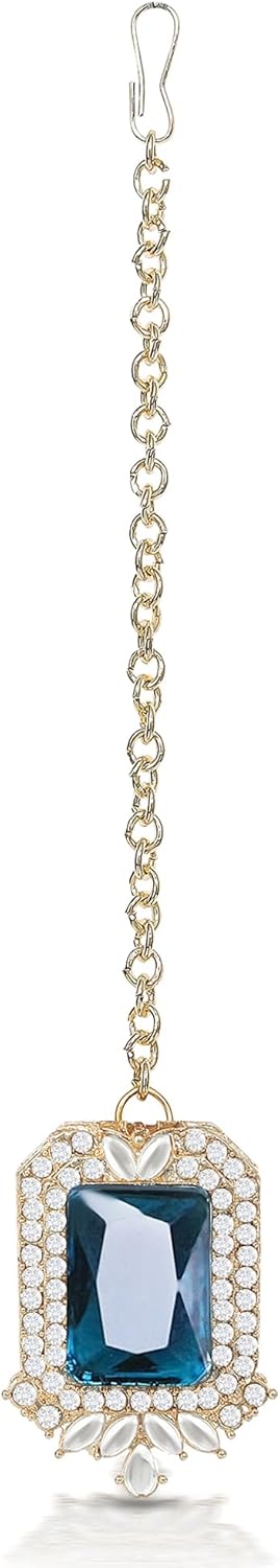 American/AD Two-Layered | Sparkling Square-Shaped Rhinestone Crystal Design Necklace | Dangle Earrings and Maang Tikka for Wedding Jewellery Set for Women