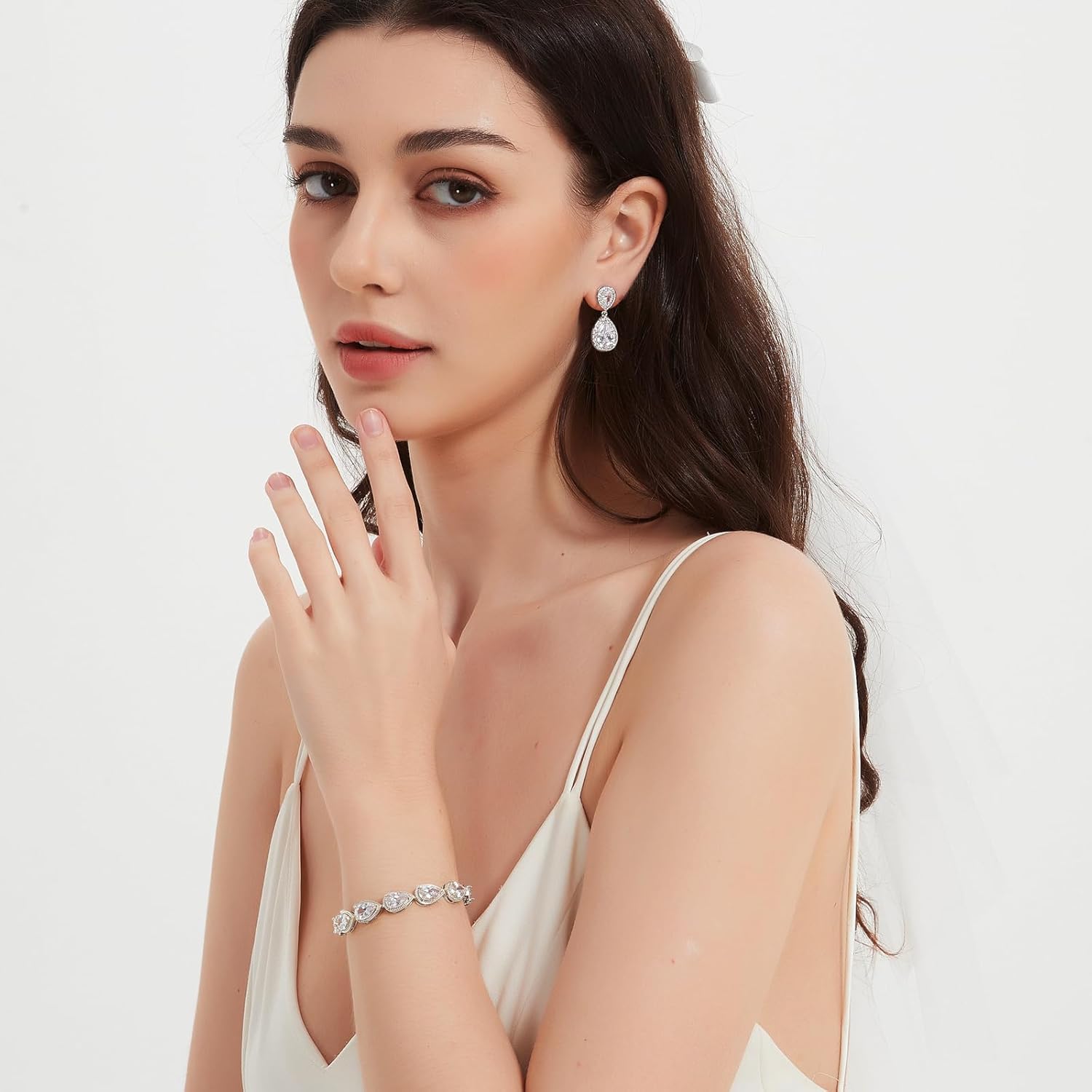 UDYLGOON Teardrop Earrings & Bracelet Set, Gold Plated Wedding Jewelry Set for Bride Bridesmaid, Womens Party Prom Gift