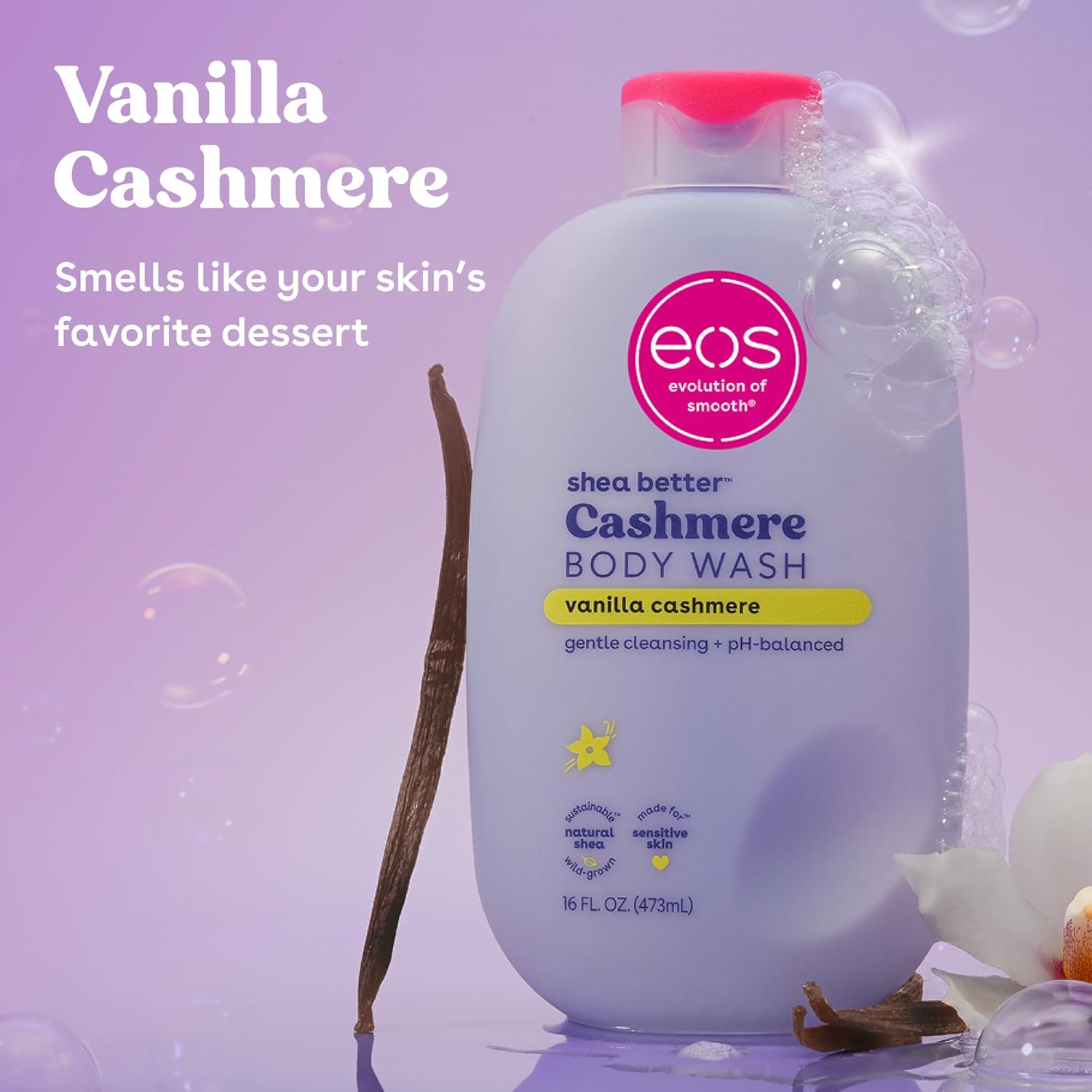 eos Cashmere Body Wash Vanilla Cashmere, Moisturizing Body Wash, Creamy Gel Formula, with Shea Butter, Glycerin, Vitamin E, pH Balanced, Sensitive Skin, Vegan, 16 fl oz