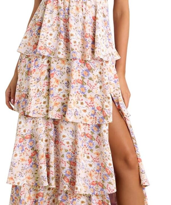 Wenrine Womens Summer Floral Maxi Dress Tie Strap Sleeveless V Neck High Slit Boho Ruffle Tiered Beach Dresses