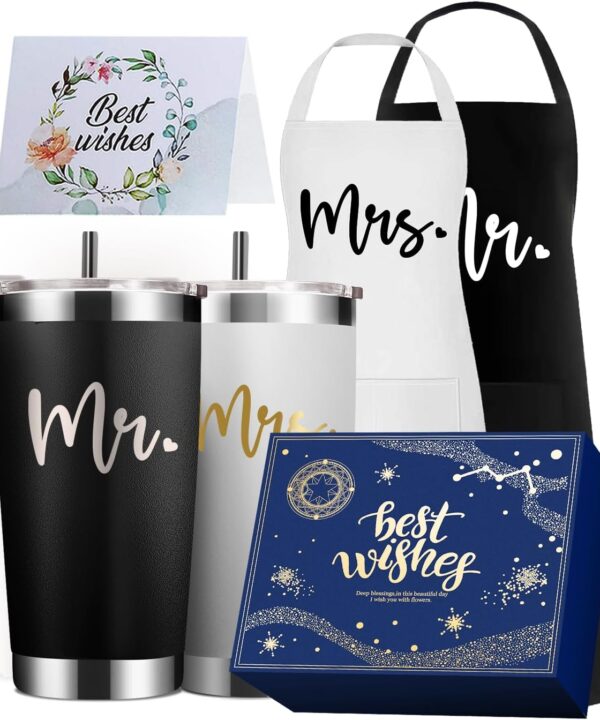 Wedding Gifts for Couples 2025 Bridal Shower & Engagement Gifts - His & Hers Mr & Mrs Stainless Steel Insulated 20oz Tumbler & Apron Set
