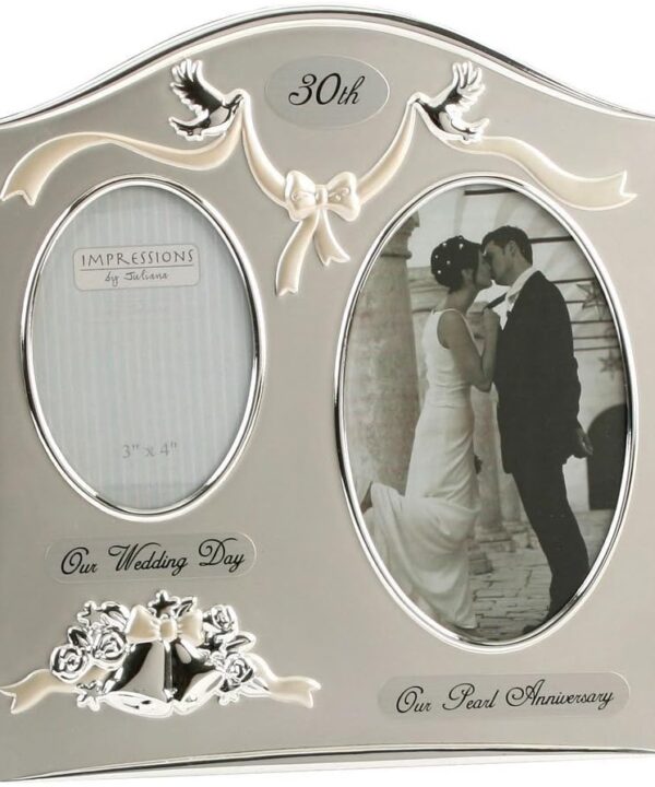 Traditional Two Tone Silver Plated 30th Pearl Anniversary Double Picture Photo Frame
