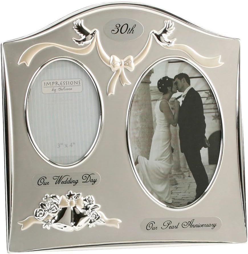Traditional Two Tone Silver Plated 30th Pearl Anniversary Double Picture Photo Frame