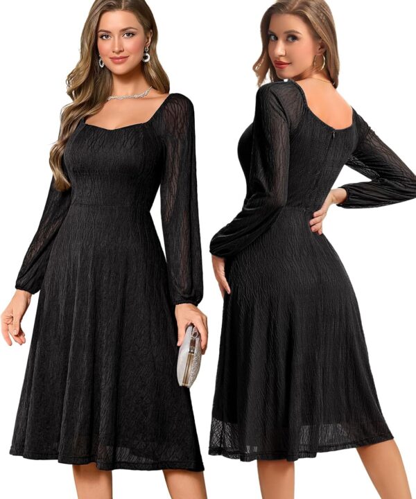 Bbonlinedress Formal Wedding Guest Dress Square Neck Lace Cocktail Dress Bridesmaid Long Sleeve A-Line Midi Tea Prom Gown
