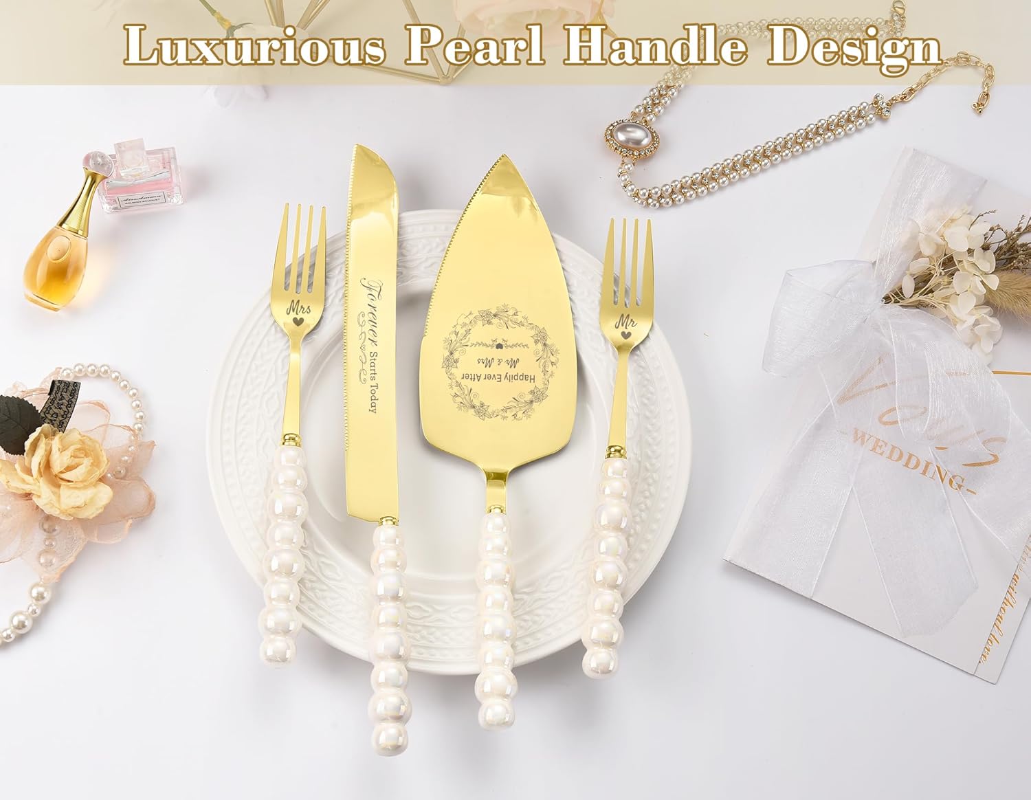 Wedding Cake Knife and Server Set, Gold Ceramic Pearl Handle Cake Cutting Set for Weddings, Engagements, Anniversaries, and Engagement Gifts for Couples