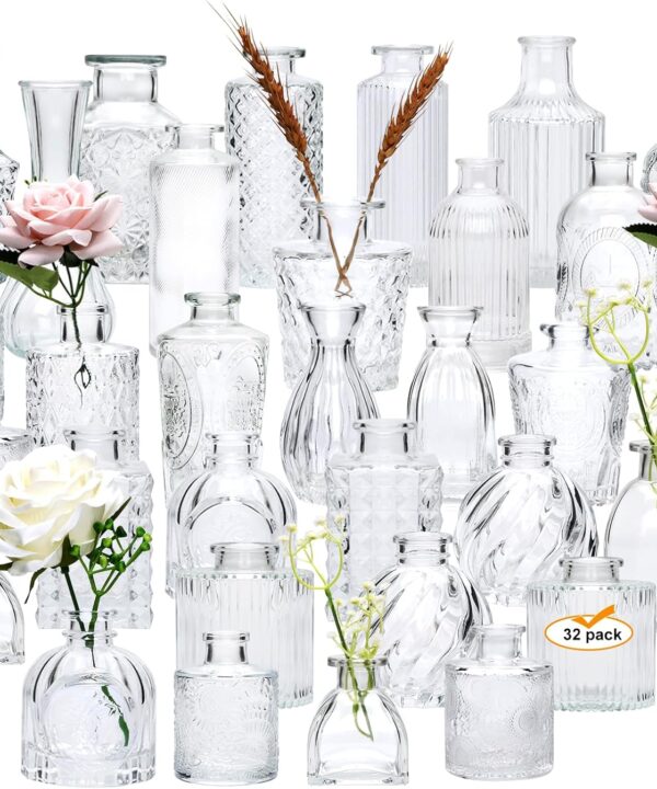 Brajttt Glass Bud Vase Set of 32 pcs,Bud Vases in Bulk,Small Vases for Centerpieces, Mini Flower Vase Bulk for Rustic Wedding Home Table Decorations