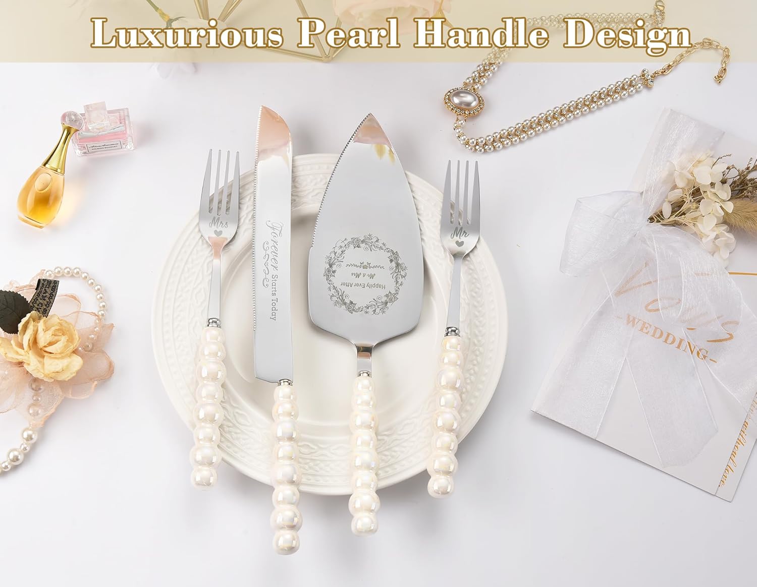Wedding Cake Knife and Server Set, Ceramic Pearl Handle Cake Cutting Set for Weddings, Engagements, Anniversaries, and Engagement Gifts for Couples