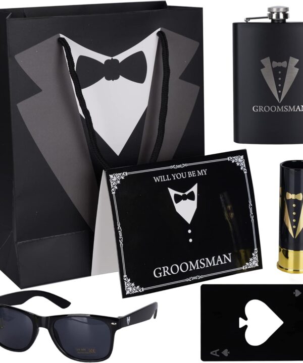 6 Pieces Groomsmen Gifts Set : 1 Pcs 8oz Stainless Steel Tuxedo Flask 1 Pcs Poker Bottle Cap Opener 1 Pcs Groomsmen Gauge Glasses 1 Pcs Sunglasses 1 Pcs Card 1 Pcs Groomsmen Gift Bags for Wedding