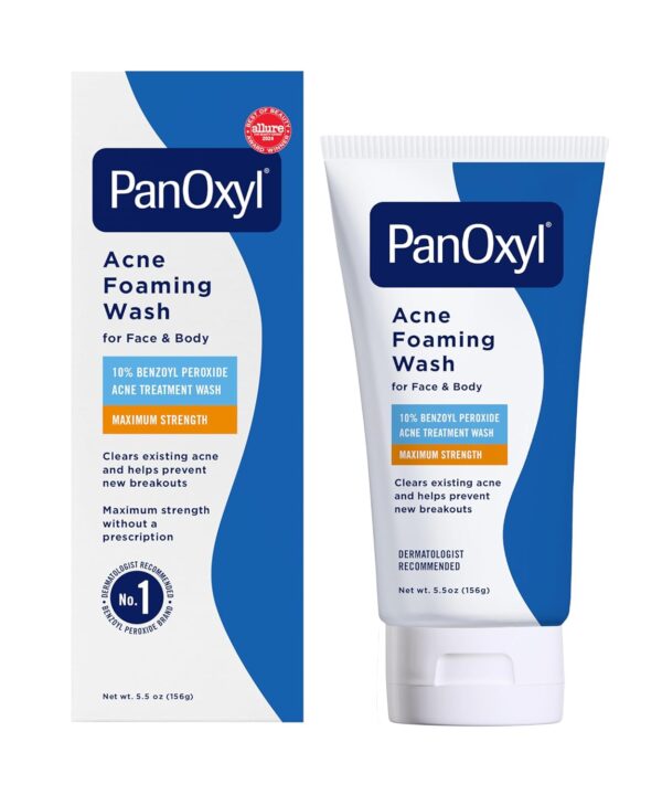 PanOxyl 10% Benzoyl Peroxide Acne Foaming Wash, Maximum Strength, Daily Acne-Fighting Face and Body Cleanser, Face Wash to Clear, Treat and Prevent Acne Pimples and Stubborn Breakouts, 5.5 Oz Tube