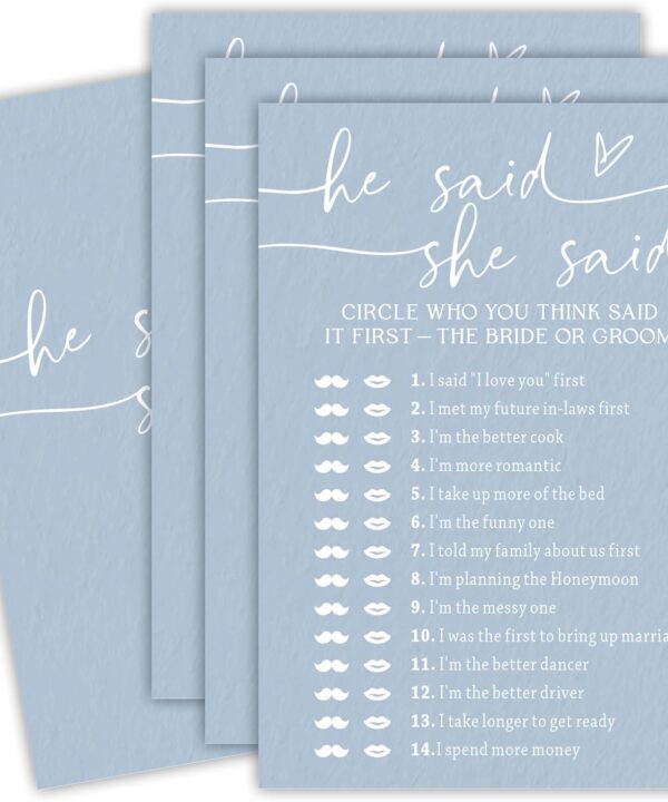 EXW Elegant Blue Bridal Shower Game Cards - He Said She Said - Engagement Party Cards, Newlyweds Party Decorations, 30 Pcs Per Set, Bridal Shower Game Supplies - A07