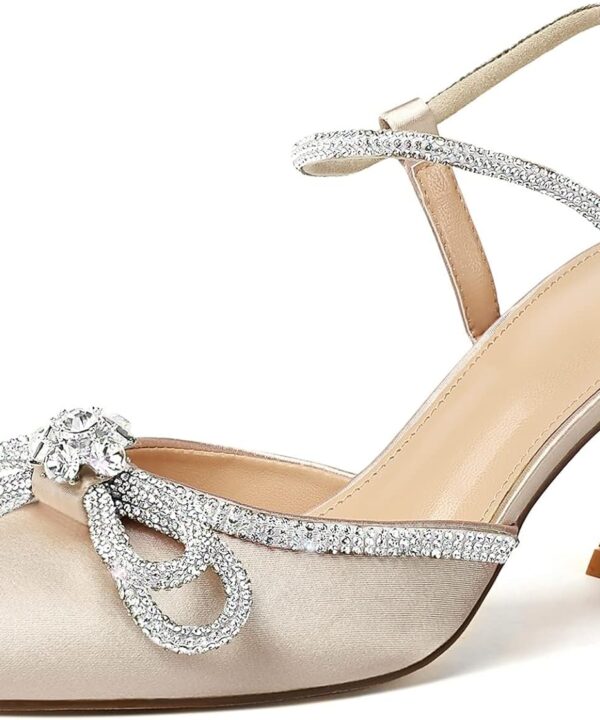 Susanny Women's Closed Toe Rhinstone Wedding Low Heel Slingback Clear Kitten Heels,Adjustable Strap Pointed Toe Bow Pumps High Heeled Prom Dress Shoes