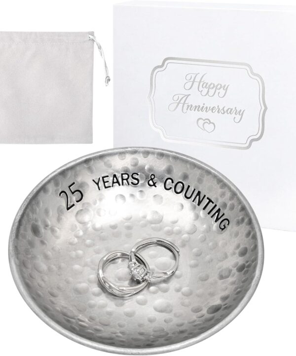 CEELGON 25 Year Wedding Anniversary Silver Gifts 25th Gifts 4" Tin Jewelry Tray Engraved Aluminum Decorative Dish Wedding Gifts for Couple Anniversary Silver Gifts for Him or Her