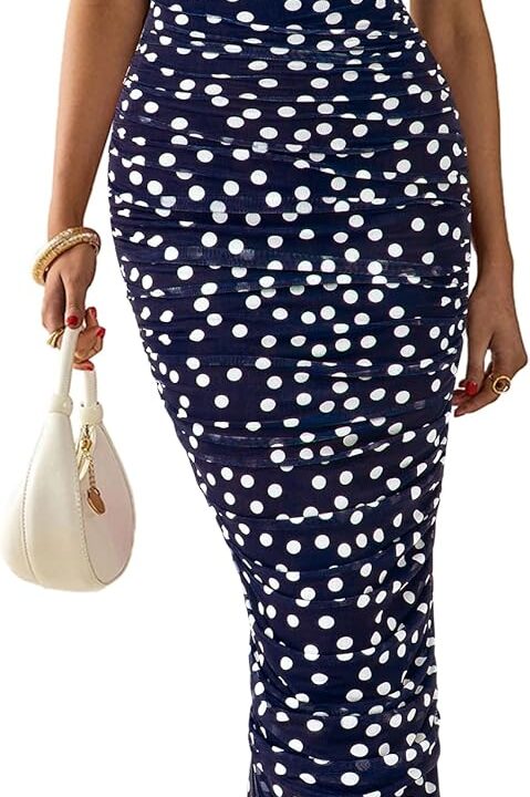 PRETTYGARDEN Women's Summer Maxi Floral Dresses Ruched Bodycon Sleeveless Mesh Formal Wedding Guest Cocktail Split Long Dress