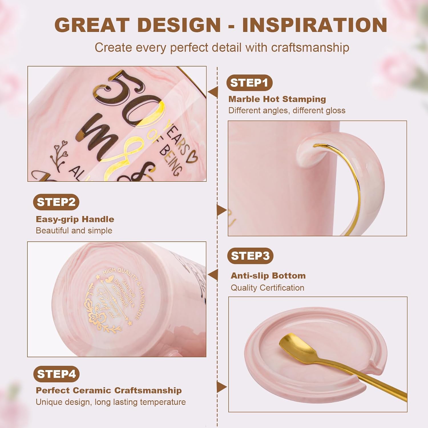 Biching 50th Wedding Anniversary for Couples, Golden 50th Anniversary Mugs Gifts for Parents Grandparents, 14Oz 50th Wedding Couple Mugs with Spoons, Lids, Greeting Card, Gift Box