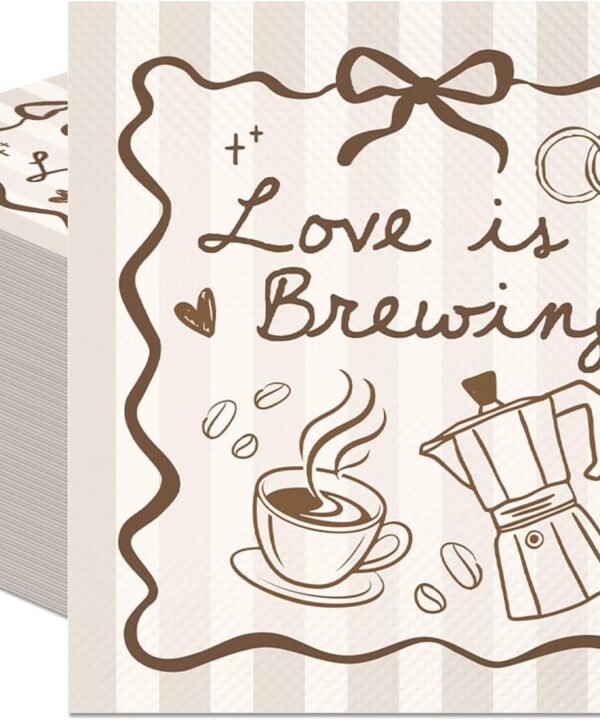50Pcs Love is Brewing Party Napkins Coffee Bridal Shower Bachelorette Wedding Engagement Anniversary Theme Party Supplies Disposable Drink Luncheon Dinner Table Decor Supplies Napkins 6.5" x 6.5"